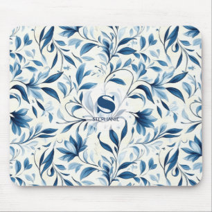 Elegant Blue Paisley Leaves - White Background (1) Mouse Mat