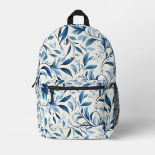 Elegant Blue Paisley Leaves - White Background (1) Printed Backpack