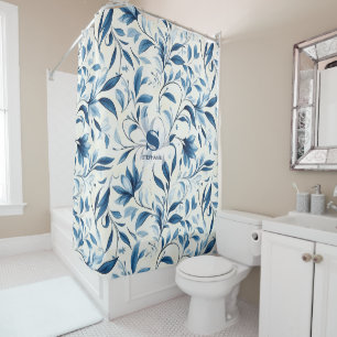 Elegant Blue Paisley Leaves - White Background (1) Shower Curtain