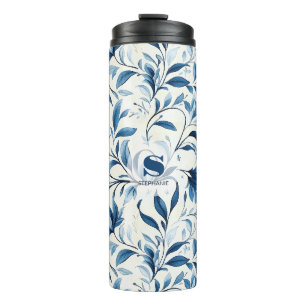 Elegant Blue Paisley Leaves - White Background (1) Thermal Tumbler