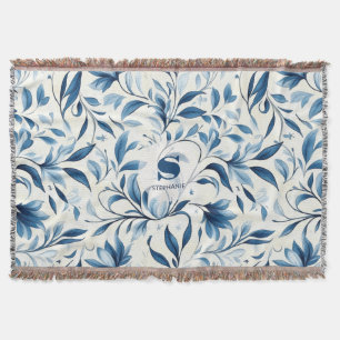 Elegant Blue Paisley Leaves - White Background (1) Throw Blanket
