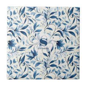 Elegant Blue Paisley Leaves - White Background (1) Tile