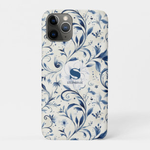Elegant Blue Paisley Leaves - White Background (2) iPhone 11 Pro Case