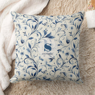 Elegant Blue Paisley Leaves - White Background (2) Cushion