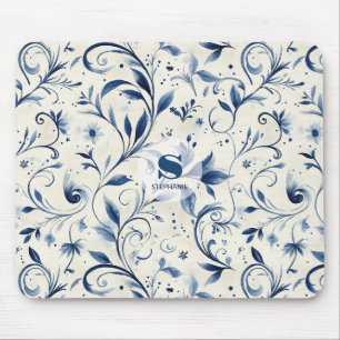 Elegant Blue Paisley Leaves - White Background (2) Mouse Mat