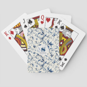 Elegant Blue Paisley Leaves - White Background (2) Playing Cards