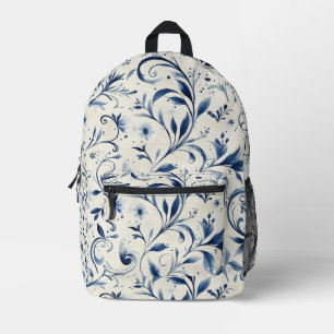 Elegant Blue Paisley Leaves - White Background (2) Printed Backpack