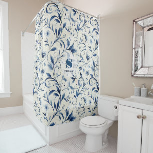 Elegant Blue Paisley Leaves - White Background (2) Shower Curtain