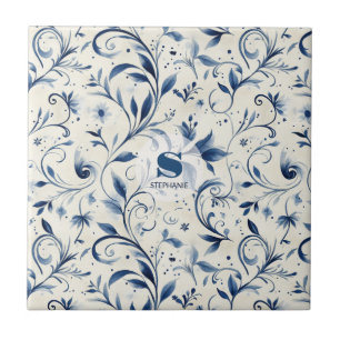 Elegant Blue Paisley Leaves - White Background (2) Tile