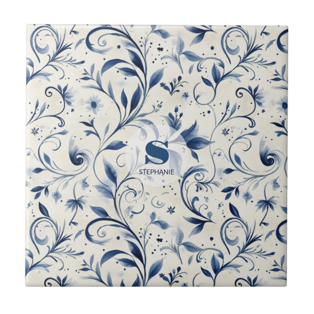 Elegant Blue Paisley Leaves - White Background (2) Tile (Front)