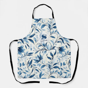 Elegant Blue Paisley Leaves - White Background Apron
