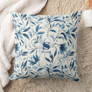 Elegant Blue Paisley Leaves - White Background Cushion