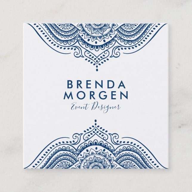 Elegant Blue Paisley Mandala Square Business Card (Front)