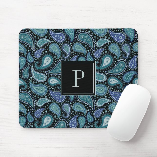 Elegant Blue Paisley Pattern Monogram Mouse Mat (With Mouse)