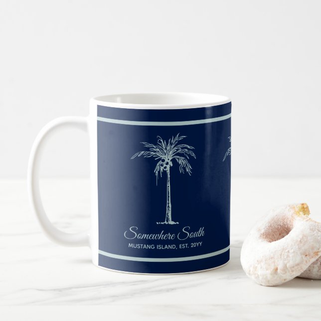 Elegant Blue Pale Teal Palm Tree Personalised Coffee Mug (With Donut)