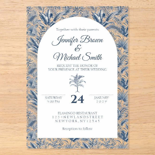 Elegant Blue Palm Tree Botanical Arch Wedding Acrylic Invitations (Front)