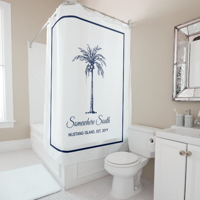 Elegant Blue Palm Tree Personalised Shower Curtain (In Situ)