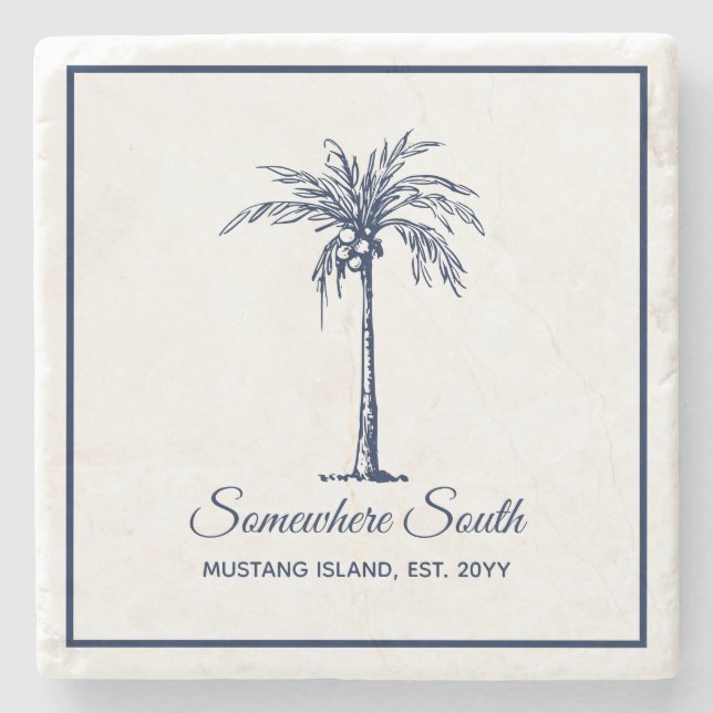 Elegant Blue Palm Tree Personalised Stone Coaster (Front)