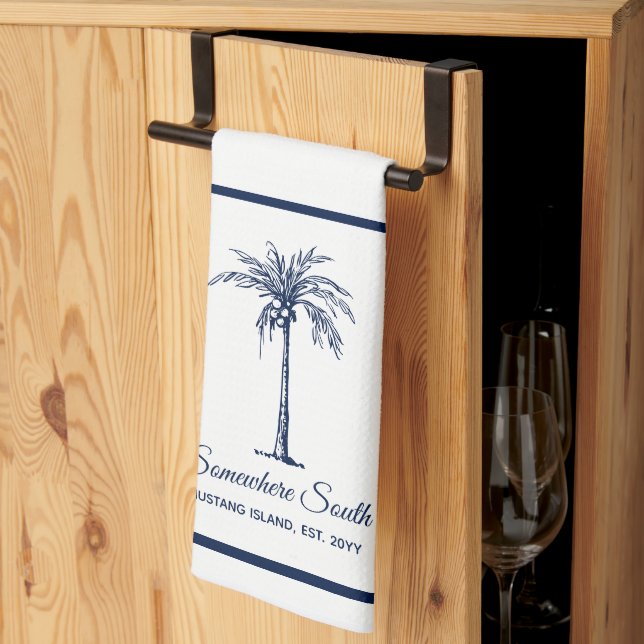 Elegant Blue Palm Tree Personalised Tea Towel (Thirds Fold)