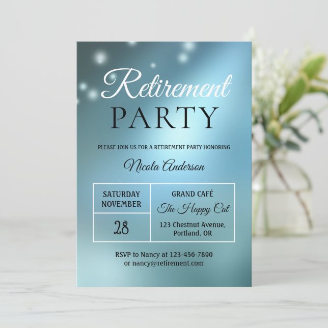 Elegant Blue Party Lights Retirement Invitation (Standing Front)