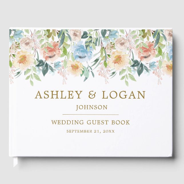 Elegant Blue Pastel Watercolor Floral Wedding Guest Book (Front)