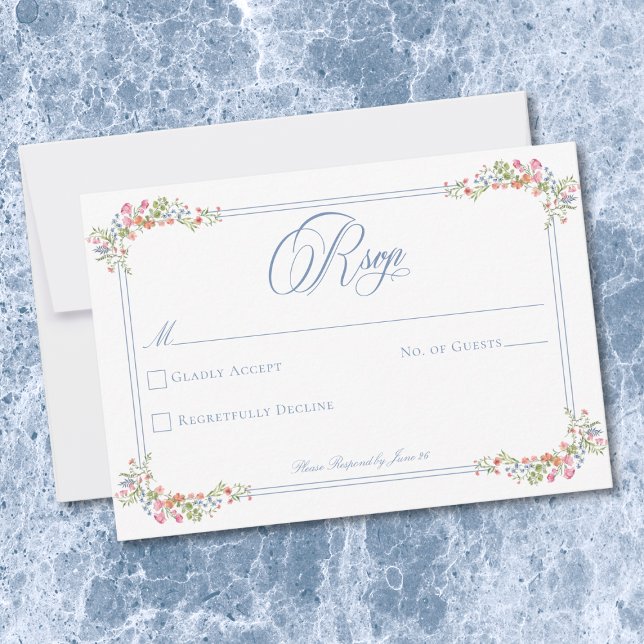 Elegant Blue Pastel Wildflower Border Wedding RSVP Card (Elegant Blue Pastel Wildflower Border Wedding RSVP Card)