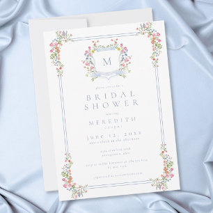 Elegant Blue Pastel Wildflower Crest Bridal Shower Invitation