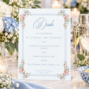 Elegant Blue Pastel Wildflower Crest Wedding Bar Pedestal Sign