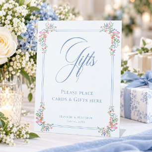 Elegant Blue Pastel Wildflower Crest Wedding Gifts Pedestal Sign