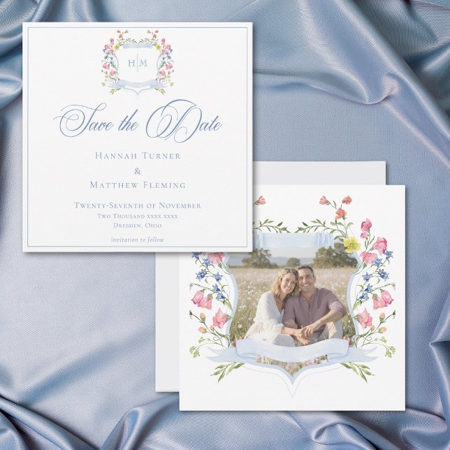 Elegant Blue Pastel Wildflower Crest Wedding Photo Save The Date (Creator Uploaded)