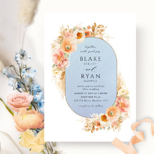 Elegant Blue, Peach Blush and Cream Oval Wedding Invitation
