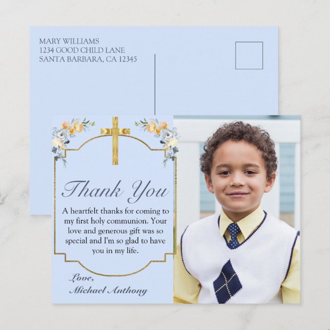 Elegant Blue Peach Floral 1st Holy Communion Thank Postcard (Front/Back)