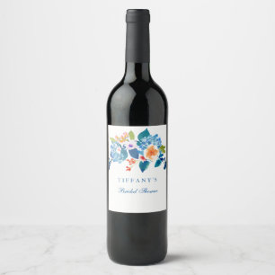 Elegant Blue Peach Floral Bridal Shower Wine Label