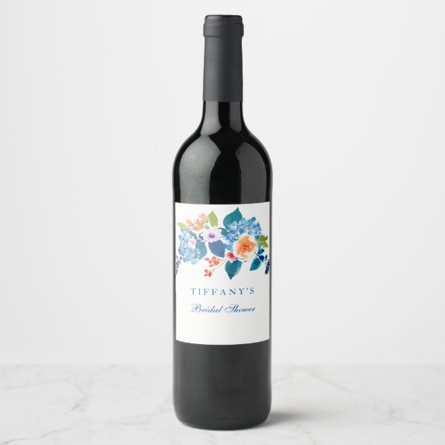 Elegant Blue Peach Floral Bridal Shower Wine Label (Front)