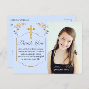 Elegant Blue Peach Floral Confirmation Thank You C Postcard