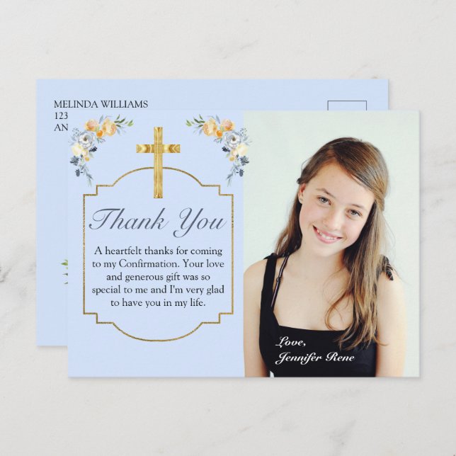 Elegant Blue Peach Floral Confirmation Thank You C Postcard (Front/Back)
