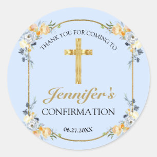Elegant Blue Peach Floral Confirmation Thank You  Classic Round Sticker