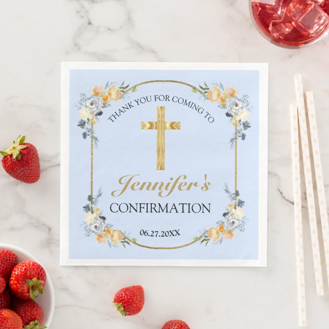 Elegant Blue Peach Floral Confirmation Thank You   Napkin (Insitu)