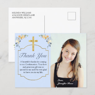 Elegant Blue Peach Floral Confirmation Thank You  Postcard