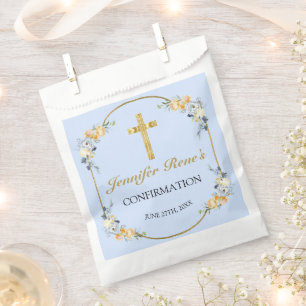 Elegant Blue & Peach Floral Gold Confirmation  Favour Bags