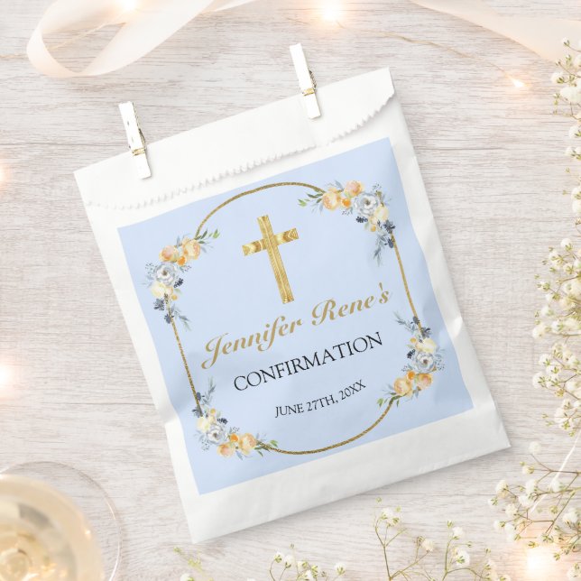 Elegant Blue & Peach Floral Gold Confirmation  Favour Bags (Clipped)