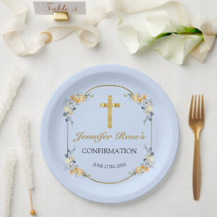 Elegant Blue & Peach Floral Gold Confirmation  Paper Plate