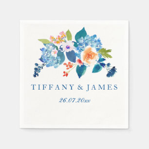 Elegant Blue & Peach Floral Wedding Napkin