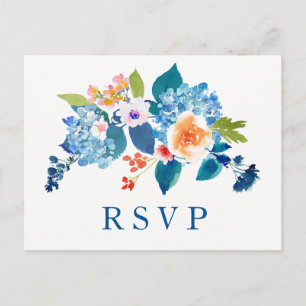 Elegant Blue Peach Floral Wedding RSVP Invitation Postcard