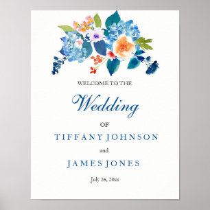 Elegant Blue & Peach Floral Wedding Weclome Poster