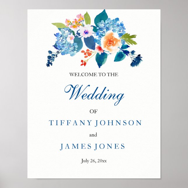Elegant Blue & Peach Floral Wedding Weclome Poster (Front)