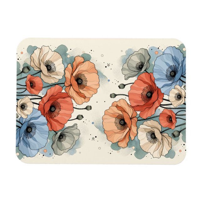 Elegant Blue & Peach Flower Design Magnet (Horizontal)