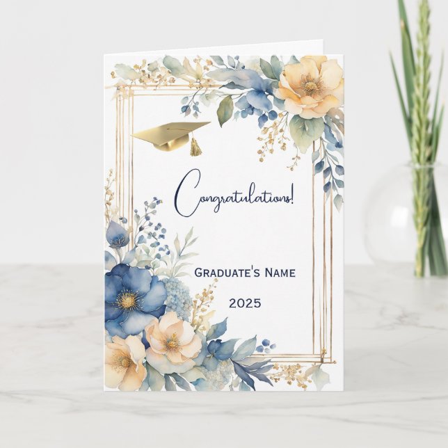 Elegant Blue Peach Flowers Personalised Graduation Card (Front)