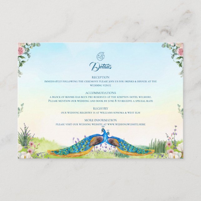 Elegant Blue Peacock Botanical Wedding Style Enclosure Card (Front)