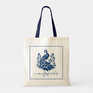 Elegant blue peacock   custom modern calligraphy tote bag